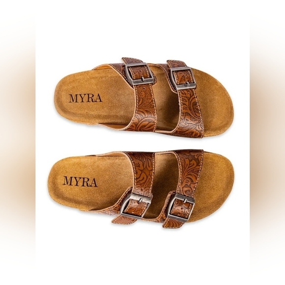 Myra Shoes Western Hand-Tooled Sandals Footo Cork Flats Open Leather Straps NEW - Picture 4 of 7